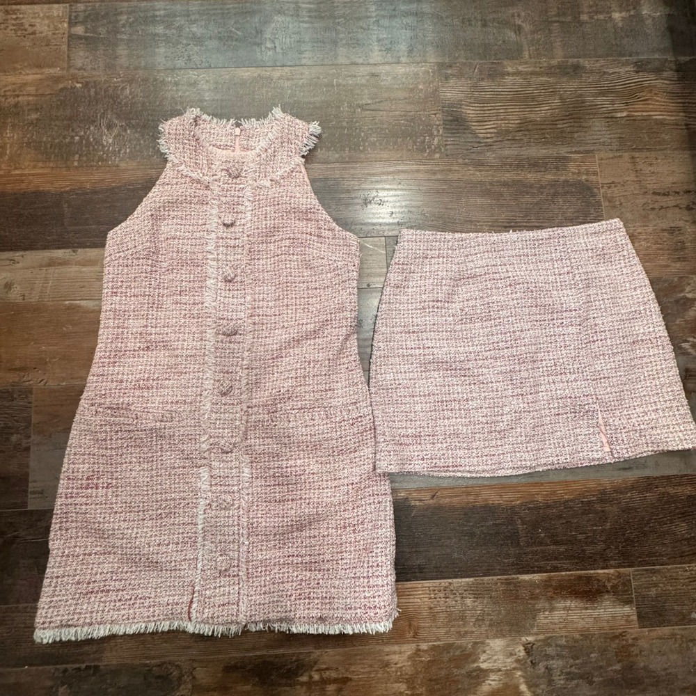 Georgie Pink Tweed Matching Mini Dress and Skirt Two Piece Co-Ord Set Size M